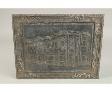 A RARE INDIAN BIDRI SILVER INLAID TRAY, depicting a building, the reverse inscribed 'Lady Tasker in token of her keep interes