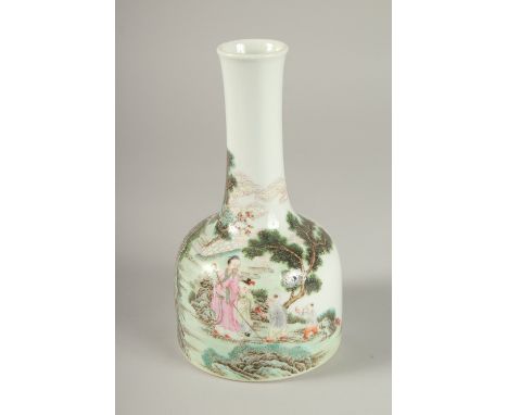 A FINE CHINESE FAMILLE VERTE PORCELAIN BOTTLE VASE, depicting an elder figure with children in a landscape setting, inscribed