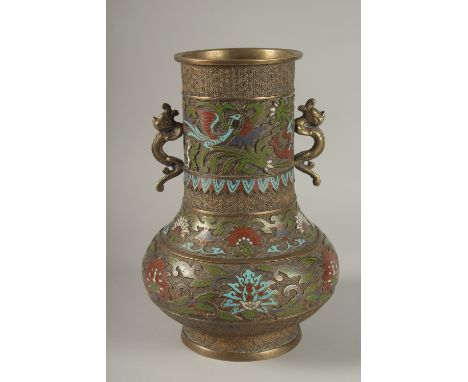 A LARGE CLOISONNE ENAMELLED BRASS TWIN HANDLE VASE, 30cm high.