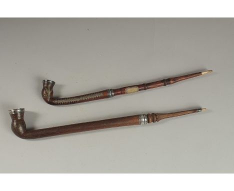 TWO FINE OTTOMAN TURKISH SILVER AND BRASS INLAID WOODEN SMOKING PIPES, longest 43cm long, (2).