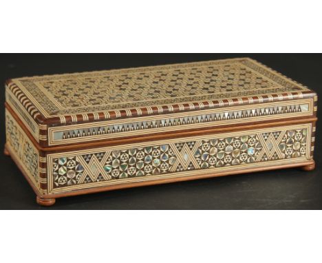 A FINE MID 20TH CENTURY SYRIAN BONE AND MOTHER PEARL INLAID BOX, 27cm x 14cm.