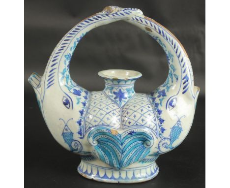 AN UNUSUAL 19TH CENTURY INDIAN MULTAN ZOOMORPHIC GLAZED POTTERY EWER, 27cm high.