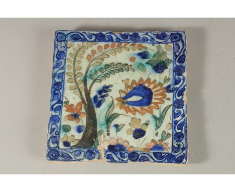 A RARE 16TH CENTURY PERSIAN SAFAVID KUBATCHI TILE, 16.5cm x 16.5cm. Provenance: George Farrow collection.