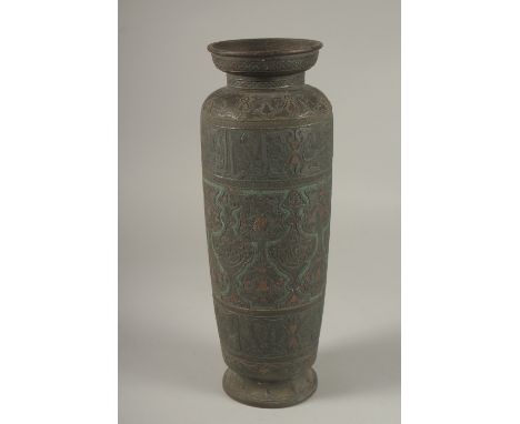 A VERY FINE AND LARGE 18TH-19TH CENTURY POSSIBLY SYRIAN MAMLUK REVIVAL SILVER AND COPPER INLAID VASE, 32cm high.