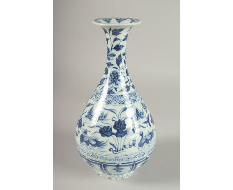 A CHINESE BLUE AND WHITE PORCELAIN VASES, painted with ducks and lotus, 27cm high.