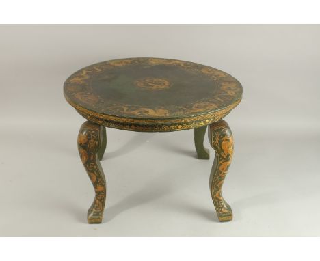 A FINE LATE 19TH CENTURY SIGNED INDIAN KASHMIR LACQUERED WOODEN TABLE, made in the Chinese style depicting gilded dragons and