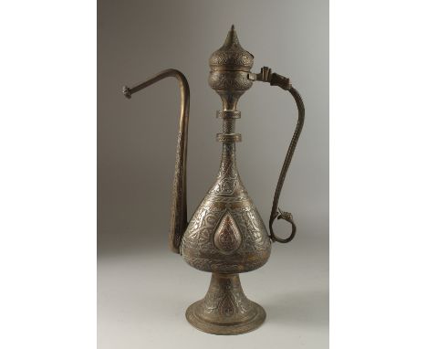 A VERY FINE AND LARGE 19TH CENTURY SYRIAN DAMASCUS SILVER AND COPPER INLAID BRASS EWER, with calligraphic decoration, 50cm hi