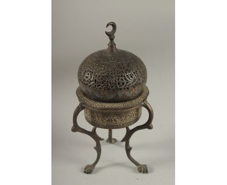 A FINE 19TH CENTURY SYRIAN DAMASCUS SILVER INLAID BRASS INCENSE BURNER, 19cm high.