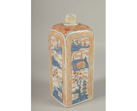 A FINE JAPANESE OR CHINESE PORCELAIN SQUARE FORM BOTTLE, painted with tall panels of landscape scenes, 24.5cm high.