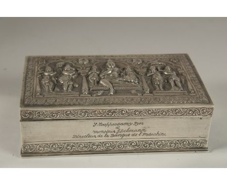 A FINE 19TH CENTURY SOUTH INDIAN SOLID SILVER BOX, weight 321g, 15cm wide.