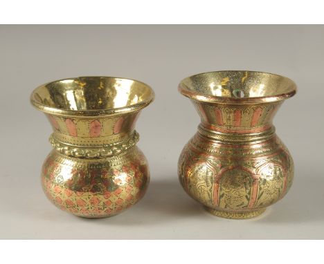 TWO 18TH CENTURY SOUTH INDIAN TANJORE GANGA JUMNA BRASS VASES, one displays the avatars of Vishnu, the other with geometric d