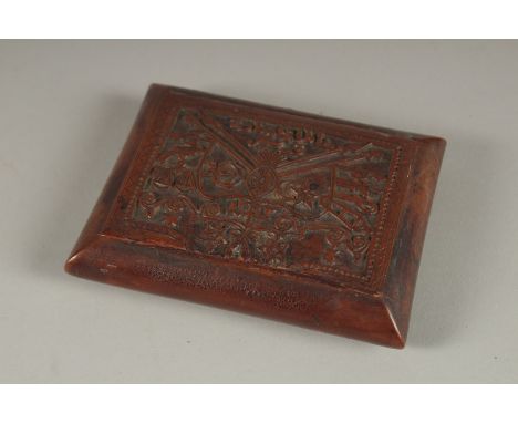 A FINELY ENGRAVED 19TH CENTURY OTTOMAN PRISONER OF WAR WOODEN TOBACCO BOX, bearing the Ottoman coat of arms, dated 1222 / 180