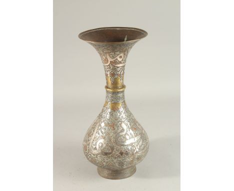 A FINE 19TH CENTURY SYRIAN SILVER AND COPPER INLAID BRASS VASE, with large bands of calligraphy, 36cm high.