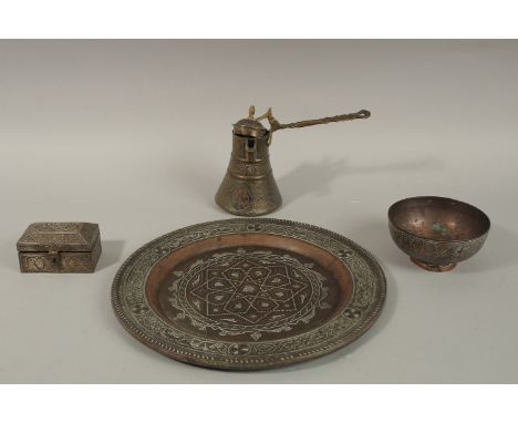 A FINE SYRIAN DAMASCUS SILVER AND COPPER INLAID BRASS TRAY, inscribed and dated 1910, together with a similar coffee pot, bow