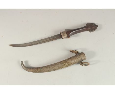 A MOROCCAN DAGGER WITH SILVER INLAID SCABBARD, 39cm long.