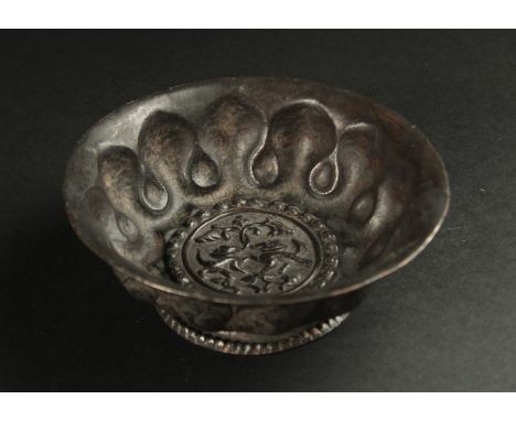 A VERY FINE AND RARE CHINESE POSSIBLY TANG DYNASTY ENGRAVED COPPER FOOTED BOWL, depicting animals and floral decoration, 12.5