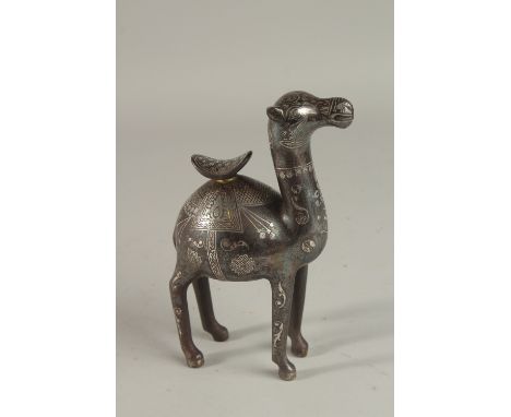 A FINE PERSIAN SILVER INLAID STEEL CAMEL, 19.5cm high.