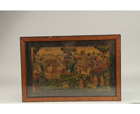 A 19TH CENTURY PERSIAN QAJAR PAINTED AND LACQUERED PAPIER MACHE PANEL, depicting the story of Khosru and Shirin, framed and g