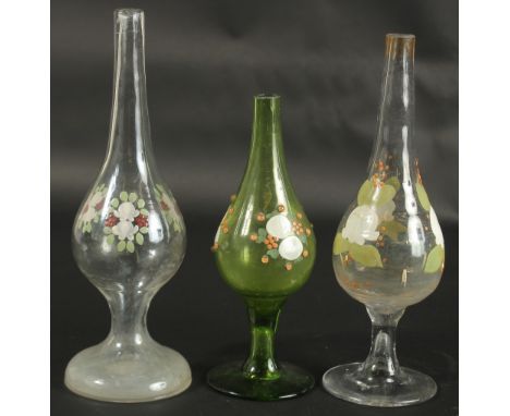 A COLLECTION OF THREE 19TH CENTURY OTTOMAN TURKISH ENAMELLED GLASS ROSEWATER SPRINKLERS, tallest 26cm high, (3).