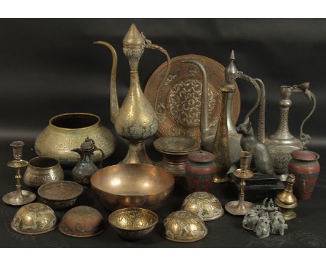 A LARGE GROUP OF MIXED ISLAMIC AND INDIAN METALWORKS, and other items, (qty).