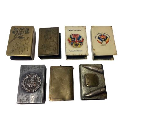 Seven First World War Trench Art and other match box holders