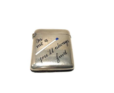 Victorian white metal and enamel Vesta case with enamelled match and verse decoration (un-marked) 43 x 36mm