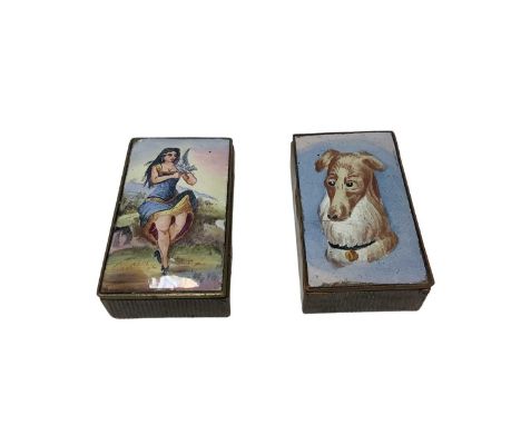 Two late 19th century brass and enamel Vesta boxes painted with girl with dove and dogs head 40 x23mm