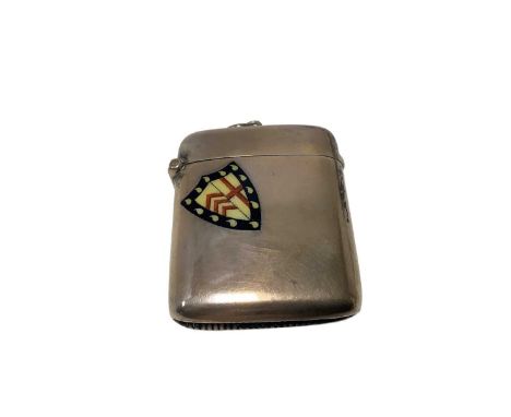 Edwardian silver and enamel Vesta case with armorial shield decoration ( Birmingham 1906) 55 x 40mm