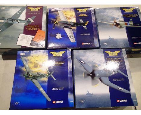 Five Corgi 1/72 aircrafts to include AA 32101 and 49205 Messerschmitt 109E, AA 33001 Corsair, AA 33101 Zero and 49303 Mustang