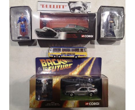 Corgi CC5501 Back To The Future De-Lorean time machine and figure, Corgi CC05901 Bullit Ford Mustang and figure, both in exce