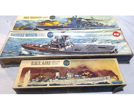 1/600 scale Airfix ships to include HMS Ajax, HMS War spite and Russian Moskva, appear complete, unchecked, boxes have wear. 