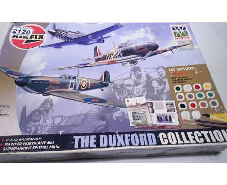 Three 1/72 scale Airfix The Duxford Collection Aircraft kits to include Mustang, Hurricane and Spitfire, appears complete, bo