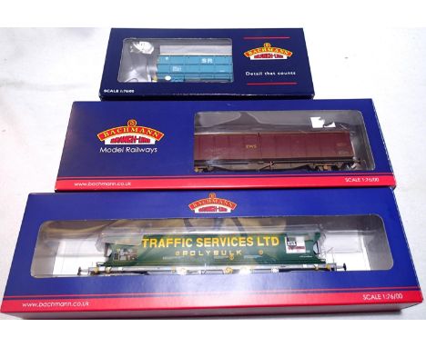 Three OO scale Bachmann modern image wagons 38427 Bogie Hopper covered traffic services, 3703A V.G.A sliding wall van EWS, we