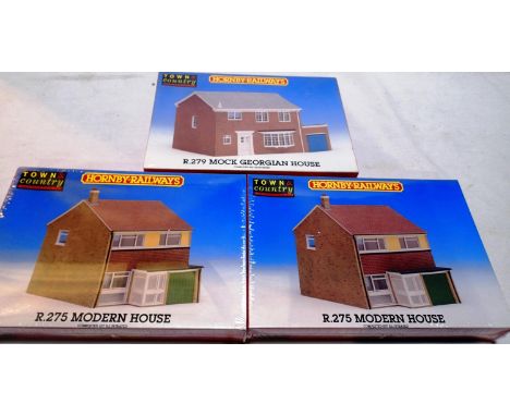 Three Hornby railways OO scale house kits to include two R275 modern houses and a R279 Mock Georgian House, all factory seale