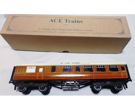 O gauge Ace Trains LNER C/4 teak Buffet Car 650, fitted with The Flying Scotsman roof boards, slight corrosion to buffers, in