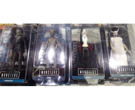 Four Bendyfigs to include Bride of Frankenstein, Frankenstein, The Mummy and Dracula, boxed in good condition, H: 14 cm. P&am