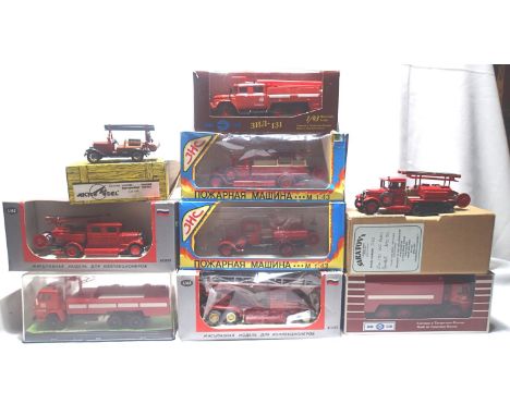 Nine Russian made fire engines, various types , makes and scales. Mostly very good condition, wear to boxes. P&amp;P Group 2 