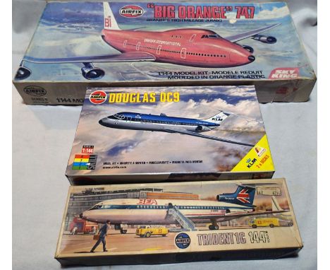 Three 1/144 scale Aircraft kits by Airfix to include Big Orange 747, Trident 1C and Douglas DC9, appear complete, unchecked, 