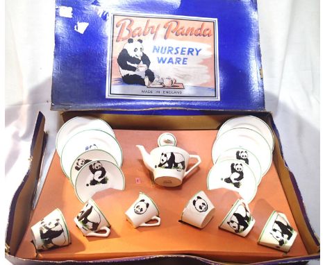 Four setting childs china tea set Baby Panda cups, saucers, plates, pot and lid, jug and sugar bowl, cracked. Made by Wade He