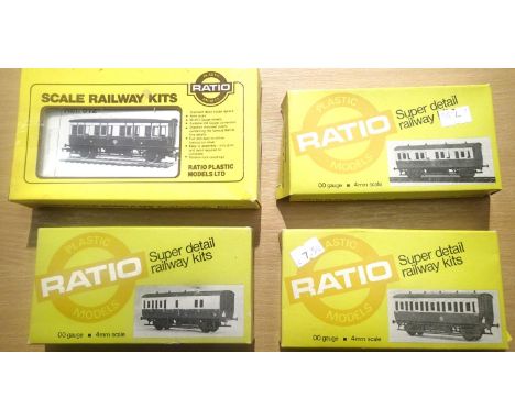 Four Ratio OO scale coach kits to include two 612- 4 wheel composites, 610- 4 wheel all 3rd, and 613-4 wheel brake 3rd, all G