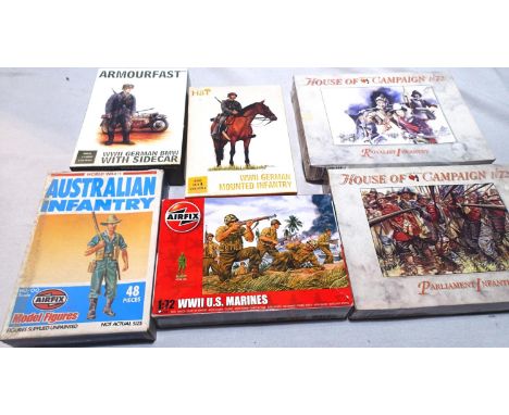 1/72 scale figure sets including Royalist Infantry, Parliament Infantry, Australian Infantry, German mounted, US Marines, BMW