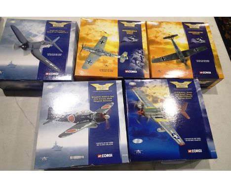 Five Corgi 1/72 scale aircrafts to include AA 33002 Corsair, AA 33102 Zero, 32203 Mustang, 49202 and 49203 Messerschmitt 109E