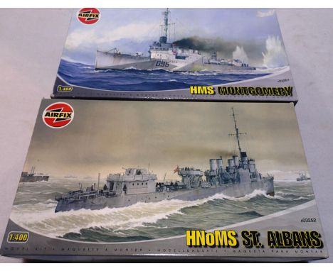 Two Airfix 1/400 scale ship kits to include HMS Montgomery and HNOMS St Albans, both as new, storage wear to boxes. P&amp;P G