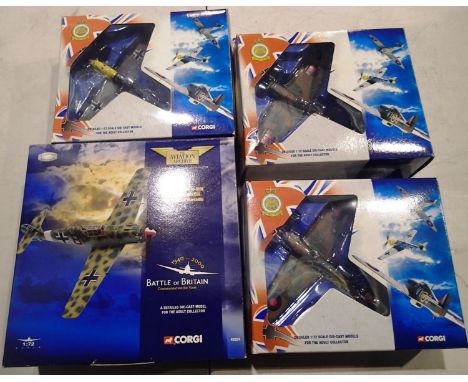 Four Corgi 1/72 scale aircrafts to include Battle of Britain commemorative issues, 49001 Spitfire, 49101 Hurricane, 49201 and