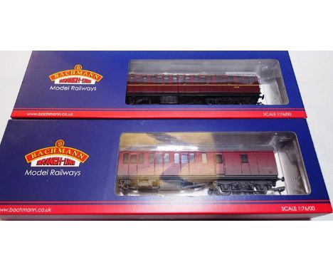 Two OO scale Bachmann suburban coaches to include 34630B brake second, Maroon BR with fitted passengers and 34631 brake secon