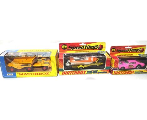 Three Matchbox King size/Speed kings to include K2 Dump truck in very good to excellent condition, box is good, K21 Dragster 