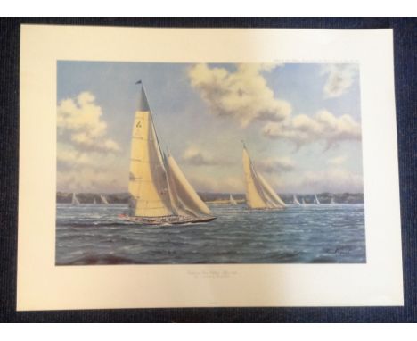 Sailing Print approx 28x18 titled Endeavour versus Velsheda, Solent 1989 by the artist Kenneth Grant. Good condition. All aut