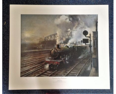 Railway print 21x18 approx titled Departure from Paddington by the artist Terence Cuneo 165th anniversary of the Great Wester