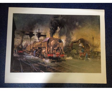 Railway Print 24x31 titled STABLING FOR GIANTS by the artist Terence Cuneo picturing The Locomotive Depot, Boulogne. Good con