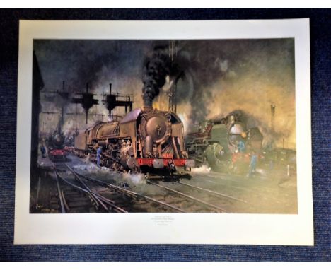 Railway Print 24x34 approx titled Stabling for Giants The Locomotive Depot Boulogne by the artist Terence Cuneo. Good conditi
